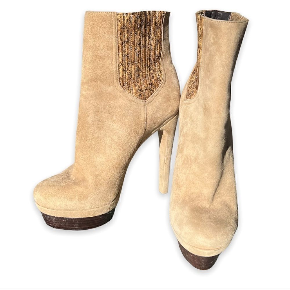 Rachel Zoe Audrey Snaked Gore Suede Platform Bootie Tan 8.5‎